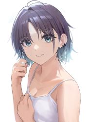 Rule 34 | 1girl, asakura toru, bad id, bad pixiv id, bare arms, bare shoulders, black hair, blue eyes, blue hair, blue nails, breasts, camisole, cleavage, collarbone, ear piercing, gradient hair, hands up, highres, idolmaster, idolmaster shiny colors, multicolored hair, nail polish, parted bangs, parted lips, piercing, simple background, small breasts, smile, solo, suketoudara (artist), white background, white camisole