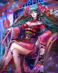 Rule 34 | 1girl, absurdres, aqua hair, artist name, blue eyes, blue nails, blunt bangs, breasts, butterfly hair ornament, cleavage, comb, crossed legs, earrings, floral print, flower, glasses, hair flower, hair ornament, hair stick, hand fan, highres, holding, holding fan, indoors, japanese clothes, jewelry, kimono, large breasts, lillian26109225, long hair, nail polish, original, paper fan, parted lips, petals, sitting, solo, sparkle, very long hair, wide sleeves, yukata