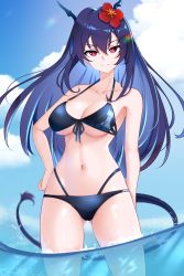 Rule 34 | 1girl, absurdres, arknights, bikini, blue bikini, blue hair, blue sky, breasts, ch&#039;en (arknights), closed mouth, cloud, cloudy sky, collarbone, cowboy shot, flower, front-tie bikini top, front-tie top, gluteal fold, hair between eyes, hair flower, hair ornament, hand on own hip, highres, horns, large breasts, long hair, looking at viewer, navel, red eyes, sky, solo, swimsuit, tail, wading, water, z.taiga