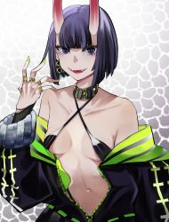Rule 34 | 1girl, absurdres, alternate costume, bare shoulders, bob cut, breasts, collar, collarbone, fangs, fate/grand order, fate (series), highres, horns, medium breasts, navel, off shoulder, oni, purple eyes, purple hair, san (harutuki 3), short eyebrows, shuten douji (fate), skin-covered horns, solo, thick eyebrows