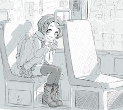 Rule 34 | 1girl, backpack, bag, blush, boots, bus interior, buttons, cardigan, chair, day, fur, greyscale, grin, hair ornament, hairclip, high heel boots, high heels, highres, holding, idolmaster, idolmaster cinderella girls, ikameshi (ika meshi), leaning forward, long sleeves, looking at viewer, miniskirt, monochrome, ryuzaki kaoru, scarf, shade, short hair, sitting, sketch, skirt, sleeves past wrists, smile, socks over thighhighs, solo, themed object, thighhighs, wallet, waving, window