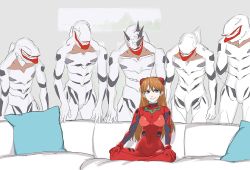 Rule 34 | 1girl, blood, blue eyes, breasts, brown hair, couch, covered erect nipples, the end of evangelion, evil grin, evil smile, grin, hands on own knees, highres, indian style, interface headset, mass production eva, medium breasts, meme, neon genesis evangelion, parody, pillow, piper perri surrounded (meme), plugsuit, sitting, smile, solo, souryuu asuka langley, white background, yu yanshu