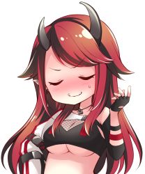 Rule 34 | 1girl, arm strap, bikini, black bikini, black gloves, black hair, blush, breasts, chibi, cleavage, closed eyes, closed mouth, commentary request, compression sleeve, demon girl, demon horns, ear piercing, fingerless gloves, fishnet top, fishnets, gloves, horns, jacket, large breasts, long hair, looking at viewer, multicolored hair, nanashi inc., official alternate costume, piercing, pointy ears, red hair, ryugasaki rene, ryugasaki rene (2nd costume), shrug (clothing), simple background, single glove, single sleeve, smile, solo, striped clothes, striped jacket, sugar lyric, swimsuit, transparent background, two-tone hair, underboob, upper body, usaba (usabara c), virtual youtuber, wavy mouth, white jacket