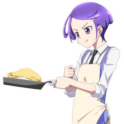 Rule 34 | 1girl, :q, apron, cooking, dokidoki! precure, eyelashes, food, frying pan, kenzaki makoto, precure, purple eyes, purple hair, short hair, simple background, solo, tongue, tongue out, white background, yoshida keiji