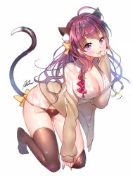 Rule 34 | 10s, 1girl, :3, ahoge, aile (crossroads), animal ears, bent over, blush, bow, breasts, brown hair, brown panties, brown thighhighs, cat ears, cat girl, cat tail, cleavage, earrings, female focus, hair bow, ichinose shiki, idolmaster, idolmaster cinderella girls, jewelry, kneeling, large breasts, looking at viewer, open mouth, panties, purple eyes, simple background, sketch, smile, solo, tail, thighhighs, underwear, wet, white background