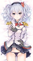 Rule 34 | 10s, 1girl, bed sheet, black eyes, black panties, clothes lift, epaulettes, eyebrows, frilled sleeves, frills, gloves, hair between eyes, hat, kaguyuzu, kantai collection, kashima (kancolle), kerchief, looking at viewer, lying, on back, panties, partially visible vulva, pleated skirt, shiny skin, skirt, skirt lift, smile, solo, underwear, white gloves