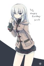 Rule 34 | 10s, 1girl, arm behind back, artist name, black shirt, black skirt, blue eyes, brown coat, casual, character name, coat, cowboy shot, dated, english text, girls und panzer, hand in own hair, happy birthday, highres, itsumi erika, long hair, long sleeves, looking at viewer, miniskirt, moro (like the gale!), parted lips, pleated skirt, shirt, signature, silver hair, skirt, solo, standing, striped clothes, striped skirt, turtleneck, two-tone background