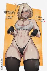 Rule 34 | 1girl, aelion draws, areola slip, blonde hair, breasts, cammy white, crop top, english text, gluteal fold, groin, highleg, highleg panties, highres, large breasts, navel, panties, panty pull, pubic hair, short hair, smile, solo, street fighter, thick thighs, thighhighs, thighs, underwear