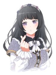Rule 34 | 1girl, bang dream!, black hair, bow, character request, commentary request, dress, flower, flower on head, gold trim, highres, index finger raised, long hair, looking at viewer, puffy sleeves, purple eyes, signature, white background, white bow, white headdress, xin (blueramen)