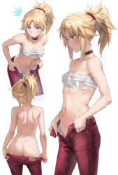 Rule 34 | 1girl, ass, back, bare shoulders, blonde hair, braid, breasts, butt crack, clothes pull, collarbone, fate/apocrypha, fate (series), french braid, green eyes, highres, long hair, looking at viewer, mordred (fate), mordred (fate/apocrypha), multiple views, navel, open fly, open pants, pants, pants pull, parted bangs, ponytail, pulled by self, red pants, red scrunchie, sarashi, scrunchie, sidelocks, small breasts, stomach, tonee, topless