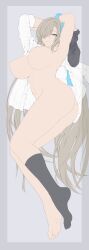 Rule 34 | 1girl, absurdres, armpits, arms up, asuna (blue archive), barefoot, blue archive, blue eyes, blue necktie, blue ribbon, breasts, collared shirt, dakimakura (medium), eyelashes, feet, full body, grey background, hair over one eye, hair ribbon, highres, holding sock, huge breasts, kneehighs, legs, long hair, looking at viewer, navel, necktie, no shoes, nude, one eye covered, puffy nipples, ribbon, ruton-niki, scrunchie, shirt, single sock, smile, socks, soles, solo, toes, unfinished, unworn socks, very long hair, white shirt, wrist scrunchie