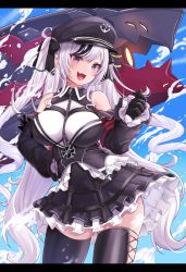 Rule 34 | 1girl, ako suke, armband, azur lane, bare shoulders, black corset, black dress, black hair, black headwear, black thighhighs, blush, breasts, clothing cutout, collared dress, contrapposto, corset, cowboy shot, cross, cross-laced clothes, cross-laced legwear, dress, elbe (azur lane), fang, framed breasts, frilled dress, frills, gloves, hand on own hip, hat, highres, impossible clothes, impossible leotard, iron cross, large breasts, layered dress, leotard, long hair, looking at viewer, military, military vehicle, multicolored hair, o-ring, open mouth, peaked cap, red armband, ship, short dress, shoulder cutout, skin fang, skindentation, sky, slit pupils, smile, streaked hair, thighhighs, tsurime, twintails, very long hair, warship, watercraft, wavy hair, white hair, white leotard, zettai ryouiki, zipper