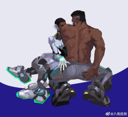 Rule 34 | 2boys, ass, back, bamashengze, baptiste (overwatch), bara, black hair, buzz cut, couple, dark-skinned male, dark skin, eye contact, from behind, hand on another&#039;s face, hand on another&#039;s waist, hand on own ass, kneeling, looking at another, lucio (overwatch), male focus, multiple boys, muscular, muscular male, overwatch, short hair, sitting, thick eyebrows, topless male, veins, veiny arms, very short hair, yaoi