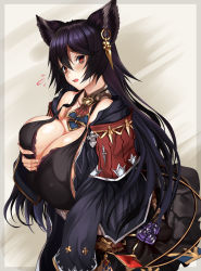 Rule 34 | 1girl, alternate breast size, animal ears, bad id, bad pixiv id, bare shoulders, black dress, black hair, breast hold, breasts, cleavage, commentary request, dress, flying sweatdrops, granblue fantasy, highres, huge breasts, ill (0022), long hair, looking at viewer, nier (granblue fantasy), nier (series), open mouth, red background, red eyes, solo, very long hair