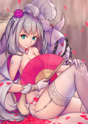 Rule 34 | 1girl, blue eyes, commentary request, covering privates, covering breasts, detached collar, fate/grand order, fate (series), feather hair ornament, feathers, flower, folding fan, garter straps, gloves, hair flower, hair ornament, hand fan, highres, jewelry, long hair, marie antoinette (fate), petals, revision, rose petals, silver hair, sitting, smile, solo, thighhighs, thighs, topless, tsuki suigetsu, white gloves, white thighhighs