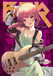 Rule 34 | 1girl, :d, arm up, bendy straw, black bow, black nails, bocchi the rock!, bow, braid, breasts, collarbone, commentary request, dress, drinking straw, electric guitar, green dress, grey jacket, guitar, hair bow, hair over shoulder, head tilt, highres, hiroi kikuri, holding, instrument, jacket, long hair, long sleeves, nail polish, off shoulder, open clothes, open jacket, open mouth, puffy long sleeves, puffy sleeves, purple background, purple eyes, purple hair, sharp teeth, single braid, sleeveless, sleeveless dress, small breasts, smile, solo, strap slip, teeth, text background, xephonia