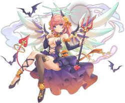 1girl artist_request asymmetrical_legwear bare_shoulders bat_(animal) breasts cleavage cross demon_horns demon_tail detached_sleeves flower full_body full_moon gabriel_(legend_clover) game_cg hair_flower hair_ornament halo highres holding holding_polearm holding_weapon horns legend_clover moon navel official_alternate_costume official_art pink_hair polearm tail third-party_source transparent_background weapon