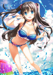 Rule 34 | 1girl, 29 to jk, :d, ball, beachball, bikini, black hair, blue bikini, blue eyes, blue sky, blush, breasts, cleavage, cloud, collarbone, day, feet out of frame, fisheye, frilled bikini, frills, hair between eyes, hair ornament, head tilt, highres, holding, large breasts, leaning forward, long hair, looking at viewer, minamisato karen, navel, novel illustration, o-ring, o-ring top, ocean, official art, open mouth, outdoors, shiny skin, sky, smile, soaking feet, solo, standing, swimsuit, textless version, two side up, wading, water, wet, yan-yam