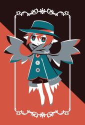 Rule 34 | 1boy, animal ears, black sclera, black shorts, blue coat, blue hat, buttons, coat, colored sclera, fedora, fingernails, flat color, frown, full body, grey scarf, grey wings, hair between eyes, hat, highres, hotate oishii, long sleeves, male focus, original, pale skin, red background, red pupils, scarf, sharp fingernails, shorts, signature, solo, two-tone background, wings