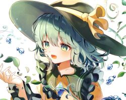 Rule 34 | 1girl, :d, black hat, blush, buttons, commentary request, diamond button, eyelashes, falling leaves, floating hair, frilled shirt collar, frilled sleeves, frills, green eyes, green hair, hair between eyes, hand up, happy, hat, hat ribbon, komeiji koishi, leaf, long sleeves, looking at object, medium hair, open mouth, ribbon, sekisei (superego51), shirt, simple background, smile, solo, touhou, tsurime, upper body, water drop, wavy hair, white background, wide sleeves, yellow ribbon, yellow shirt