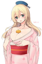 Rule 34 | 10s, 1girl, 2014, alternate costume, atago (kancolle), bad id, bad pixiv id, blonde hair, blush, breasts, cleavage, dated, food, fruit, green eyes, hat, japanese clothes, kantai collection, kimono, large breasts, long hair, looking at viewer, mandarin orange, nekoume, new year, open mouth, oppai mochi, pink kimono, simple background, solo, white background, yukata