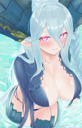 Rule 34 | + +, 1girl, absurdres, blue hair, blush, breasts, cleavage, collarbone, dragon horns, fate/grand order, fate/grand order arcade, fate (series), hair between eyes, highres, horns, in water, large breasts, larva tiamat (fate), larva tiamat (third ascension) (fate), looking at viewer, pink eyes, pointy ears, revealing clothes, solo, stomach tattoo, tattoo, thighhighs, tiamat (fate), water, wennananyan