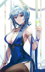 Rule 34 | 1girl, alternate costume, armpit crease, blue dress, blue hair, blue nails, breasts, brown thighhighs, cleavage, cup, dress, eula (genshin impact), flower, garter straps, genshin impact, gradient eyes, hair flower, hair ornament, hairband, highres, holding, holding cup, jewelry, large breasts, looking at viewer, medium hair, multicolored eyes, nail polish, necklace, parted lips, pelvic curtain, purple eyes, simple background, sitting, smile, solo, thighhighs, uli (bredkgod), white hairband, wristlet