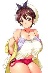 Rule 34 | 1girl, atelier (series), atelier ryza, atelier ryza 1, bare shoulders, beret, blush, breasts, brown eyes, brown hair, camisole, cleavage, closed mouth, collarbone, cosplay, hair between eyes, hair ornament, hairclip, hat, highres, idolmaster, idolmaster cinderella girls, jacket, jewelry, large breasts, looking at viewer, navel, necklace, off shoulder, oikawa shizuku, onsoku inu, open clothes, open jacket, red shorts, reisalin stout, reisalin stout (cosplay), short hair, short shorts, shorts, simple background, sleeveless, sleeveless jacket, smile, solo, star (symbol), star necklace, thick thighs, thighs, white camisole, white hat, yellow jacket