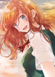 Rule 34 | 1girl, :d, blue eyes, cloud, cloudy sky, collared shirt, cover, cover page, evening, fly 333, itsuka no sora kimi to no mahou, long hair, looking at viewer, neck ribbon, novel cover, open mouth, orange hair, outdoors, red ribbon, ribbon, shirt, short sleeves, sky, smile, solo, white shirt, wing collar