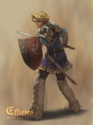 Rule 34 | 1boy, absurdres, armor, belt, blonde hair, boots, commentary, fantasy, full body, gloves, highres, holding, holding shield, holding sword, holding weapon, knee boots, male focus, nishi, original, scabbard, sheath, shield, simple background, solo, sword, weapon