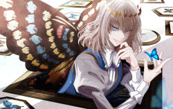 Rule 34 | 1boy, absurdres, antinese, arthropod boy, blue eyes, bug, butterfly wings, crown, diamond hairband, fate/grand order, fate (series), grey hair, highres, insect wings, juliet sleeves, long sleeves, looking at viewer, male focus, medium hair, oberon (fate), puffy sleeves, shirt, smile, solo, upper body, wings