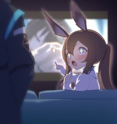 Rule 34 | + +, 1girl, 1other, aged down, amiya (arknights), animal ears, arknights, backlighting, black coat, blue choker, blue eyes, blush, brown hair, choker, coat, couch, doctor (arknights), highres, jewelry, long hair, multiple rings, on couch, pointing, ponytail, rabbit ears, ring, screen light, sher (imnotsher), shirt, sidelocks, solo focus, sparkling eyes, television, v-shaped eyebrows, white shirt