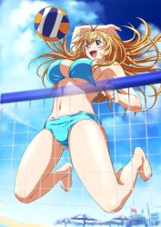 Rule 34 | 00s, 1girl, aqua eyes, artist request, ball, barefoot, beach volleyball, bikini, blonde hair, blue bikini, breasts, fang, feet, ikkitousen, large breasts, long hair, looking at object, open mouth, playing sports, shiny clothes, smile, solo, sonsaku hakufu, source request, swimsuit, taut clothes, thighs, umbrella, underboob, volleyball, volleyball (object)