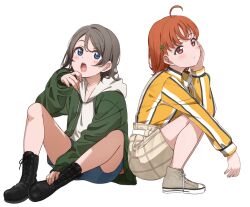 Rule 34 | 2girls, ahoge, belt, between legs, black footwear, blue eyes, blue shorts, blush, boots, brown footwear, brown hair, brown shorts, clover hair ornament, collared shirt, from side, green jacket, hair ornament, hand between legs, hand on own face, hand up, highres, hood, hoodie, icehotmilktea, jacket, knee boots, long sleeves, love live!, love live! sunshine!!, multicolored shirt, multiple girls, open mouth, orange hair, red eyes, shirt, shoes, short hair, short shorts, shorts, simple background, sitting, sneakers, squatting, swept bangs, takami chika, watanabe you, white background, white belt, white hoodie