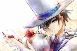 Rule 34 | 1boy, ace (playing card), ace of hearts, between fingers, bird, blue eyes, brown hair, card, dove, flower, flower in mouth, gloves, hat, heart, holding, kaitou kid, kuroba kaito, magic kaito, male focus, monocle, necktie, okame miko, playing card, red flower, red necktie, red rose, rose, short hair, smile, solo, top hat, white background, white bird, white gloves, white hat