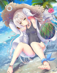 Rule 34 | 1girl, adjusting hair, armpits, arms up, aruka (alka p1), azur lane, barefoot, beach, blue sky, blush, breasts, choker, cloud, cloudy sky, coat, collarbone, commentary request, cross, day, flower, food, fruit, glasses, hair ornament, hat, horizon, iron cross, island, jacket, jewelry, long hair, necklace, ocean, off-shoulder coat, off shoulder, one-piece swimsuit, palm tree, revision, sand, school swimsuit, silver hair, sitting, sky, small breasts, solo, straw hat, sun hat, swimsuit, thighs, tree, water drop, watermelon, yellow eyes, z46 (azur lane), z46 (her first summer) (azur lane)
