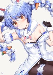 Rule 34 | 1girl, animal ear fluff, animal ears, arm cuffs, armpits, athenawyrm, black gloves, black leotard, black pantyhose, blue hair, blush, braid, breasts, carrot hair ornament, cleavage, commentary, don-chan (usada pekora), dress, food-themed hair ornament, from above, fur-trimmed dress, fur-trimmed gloves, fur scarf, fur trim, gloves, grey background, hair between eyes, hair ornament, highres, hololive, leotard, light blue hair, long hair, looking at viewer, lying, medium breasts, off-shoulder dress, off shoulder, on back, open mouth, pantyhose, playboy bunny, pom pom (clothes), rabbit ears, red eyes, signature, simple background, solo, symbol-only commentary, symbol-shaped pupils, symbol in eye, thick eyebrows, thigh strap, twin braids, twintails, usada pekora, usada pekora (1st costume), virtual youtuber, white dress, white hair
