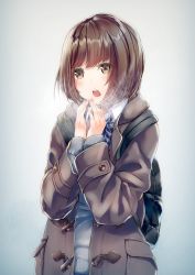 Rule 34 | 1girl, backpack, bag, bob cut, breath, brown hair, cold, highres, jacket, open mouth, original, own hands together, school uniform, short hair, solo, yellow eyes, yuu knmy