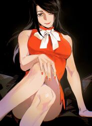 Rule 34 | 1girl, black hair, bow, bowtie, crossed legs, feet out of frame, grey eyes, guilty gear, hand on own knee, highres, lipstick, long hair, looking at viewer, makeup, nail polish, nordicpuff, red lips, red nails, sharon (guilty gear), sitting, smile, solo, white bow, white bowtie