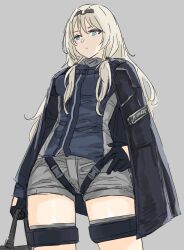 Rule 34 | 1girl, an-94 (girls&#039; frontline), bag, black gloves, blonde hair, blue eyes, cowboy shot, frown, fuku (fuku12290574), girls&#039; frontline, gloves, grey background, hairband, hand on own hip, highres, holding, holding bag, long hair, looking down, shorts, simple background, solo, standing