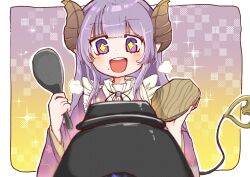 Rule 34 | + +, 1girl, absurdres, apron, black ribbon, blunt bangs, blush, brown horns, commentary, demon girl, demon horns, demon tail, frilled apron, frills, gradient background, highres, holding, holding spoon, horns, japanese clothes, kimono, long hair, medium bangs, mita risuto, mole, mole under mouth, nanashi inc., neck ribbon, open mouth, pointy ears, purple background, purple eyes, purple hair, purple kimono, ribbon, saionji mary, shamoji, smile, solo, spoon, tail, teeth, upper body, upper teeth only, virtual youtuber, white apron, yellow background