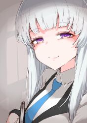 Rule 34 | 1girl, black necktie, blue archive, blue necktie, blunt bangs, blush, book, collared shirt, commission, grey hair, grey jacket, half-closed eyes, highres, holding, holding book, hourai kochou, jacket, long hair, looking at viewer, necktie, noa (blue archive), purple eyes, shirt, skeb commission, smile, solo, upper body, white shirt