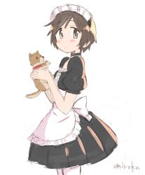 Rule 34 | 1girl, alternate costume, animal, apron, black choker, black dress, blush, brown eyes, brown hair, choker, closed mouth, commentary request, dog, dress, enmaided, frilled apron, frills, hair between eyes, hasegawa fumi, holding, holding animal, holding dog, looking at viewer, maid, maid headdress, pantyhose, pleated dress, puffy short sleeves, puffy sleeves, short hair, short sleeves, signature, simple background, solo, umiroku, waist apron, white apron, white pantyhose, yuyushiki