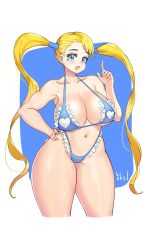 Rule 34 | 1girl, bare arms, bare shoulders, bikini, blonde hair, blue background, blue bikini, blue eyes, blush, breasts, cleavage, collarbone, cowboy shot, curvy, frilled bikini, frills, hand on own hip, harry (dudwofla), highres, huge breasts, long hair, looking at viewer, navel, open mouth, rainbow mika, solo, stomach, street fighter, swimsuit, thick thighs, thighs, twintails, white background, wide hips