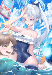 Rule 34 | 2girls, absurdres, armpit crease, bare shoulders, blue archive, blue bow, blue eyes, blue one-piece swimsuit, bow, breasts, brown hair, casual one-piece swimsuit, cellphone, chee ke, cleavage, commentary request, frilled one-piece swimsuit, frills, grey hair, hair bow, halo, high ponytail, highres, light brown hair, long hair, looking at another, miyako (blue archive), miyako (swimsuit) (blue archive), moe (blue archive), moe (swimsuit) (blue archive), multiple girls, official alternate costume, one-piece swimsuit, open mouth, phone, small breasts, smartphone, swimsuit, text messaging, twitter username, very long hair, waves, wavy mouth, yellow eyes