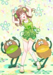Rule 34 | 1girl, 2boys, ^ ^, armpits, arms up, bare shoulders, belly chain, blush, bow, brown eyes, brown hair, closed eyes, collarbone, dancing, dress, food, fruit, full body, gold (zespri), green (zespri), green anklet, green bracelet, green dress, green ribbon, hair ornament, highres, idolmaster, idolmaster cinderella girls, idolmaster cinderella girls starlight stage, jewelry, kiwi (fruit), long hair, looking at viewer, mitsuyahachiko, multicolored background, multiple boys, music, ogata chieri, open mouth, ribbon, sandals, see-through, see-through dress, sidelocks, singing, sleeveless, sleeveless dress, smile, standing, standing on one leg, twintails, twitter username, zespri