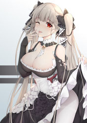 Rule 34 | 1girl, absurdres, azur lane, bad id, bad pixiv id, breasts, cleavage, clothes lift, cowboy shot, detached collar, formidable (azur lane), frills, hair ribbon, highres, large breasts, lifting own clothes, long hair, looking at viewer, no bra, one eye closed, pantyhose, qingye ling, red eyes, ribbon, silver hair, simple background, skirt, skirt lift, solo, tongue, twintails, very long hair, white pantyhose