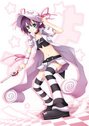 Rule 34 | 1girl, choker, female focus, full body, green eyes, hat, highres, merry nightmare, midriff, navel, pointy ears, purple hair, ribbon, short hair, skirt, solo, striped clothes, striped thighhighs, tai (2vs), thighhighs, white background, yumekui merry