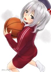 Rule 34 | 10s, 1girl, 2016, ama mitsuki, artist name, ball, basketball, basketball (object), beret, blush, dated, grey eyes, gym shorts, hat, holding, holding ball, jacket, kantai collection, kashima (kancolle), kneeling, looking at viewer, open mouth, shorts, silver hair, smile, socks, solo, track jacket, twintails, two side up, white socks