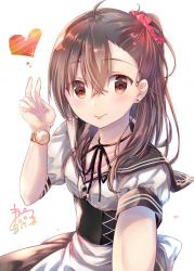 Rule 34 | :p, ahoge, apron, black sailor collar, black skirt, blush, brown eyes, brown hair, closed mouth, commentary request, corset, fingernails, glint, hair between eyes, hair ornament, hair scrunchie, hand up, heart, klasse14, long hair, maruma (maruma gic), original, outstretched arm, ponytail, puffy short sleeves, puffy sleeves, reaching, reaching towards viewer, red scrunchie, sailor collar, school uniform, scrunchie, selfie, serafuku, shirt, short sleeves, signature, simple background, sitting, skirt, smile, solo, tongue, tongue out, watch, white apron, white background, white shirt, wristwatch